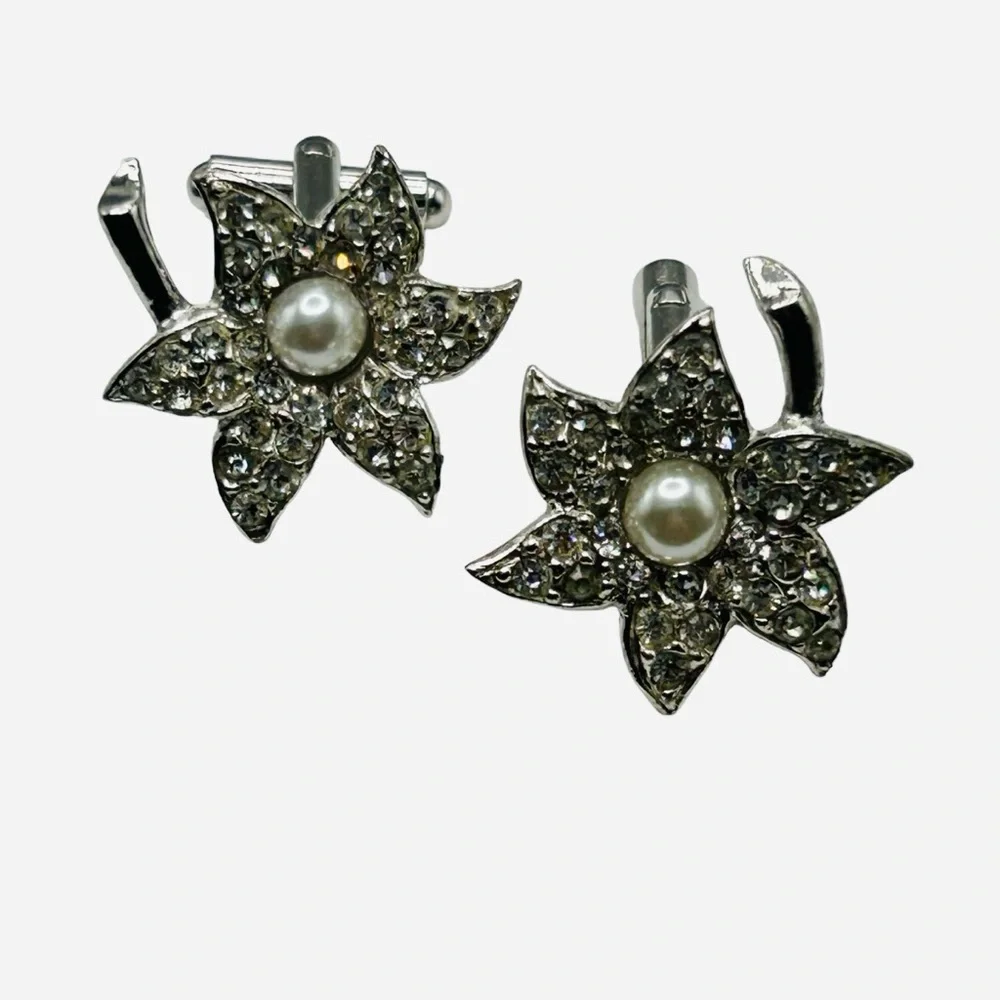 Vintage Flower Rhinestone Faux Pearl Cuff Links Unisex